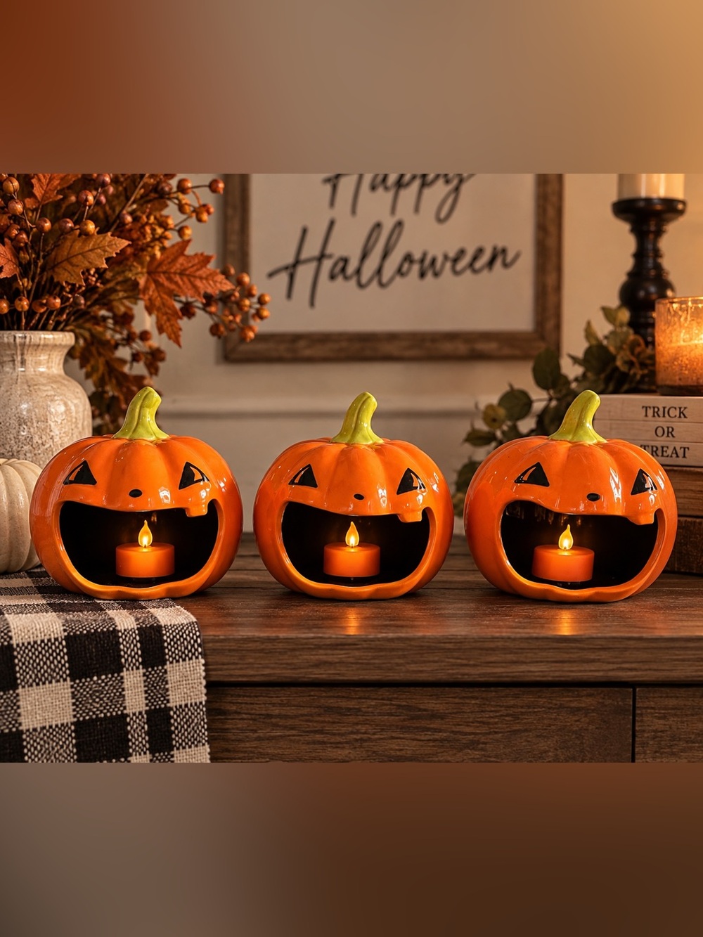Ceramic Jack-O'-Lantern Tea Light Holders - Orange